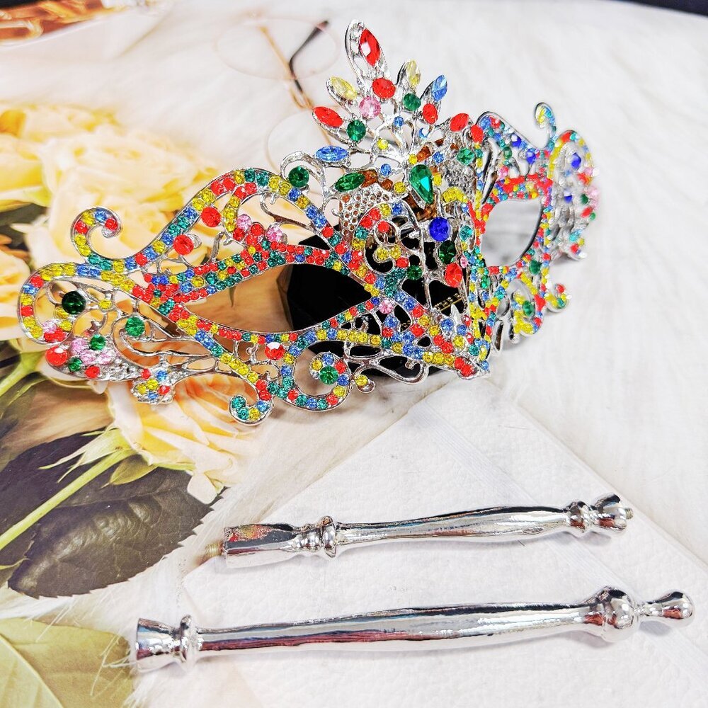 Rainbow Masquerade Mask, Crystal Handheld Mask, Silver Mask, Prom Mask, Pride - Picture 9 of 10
